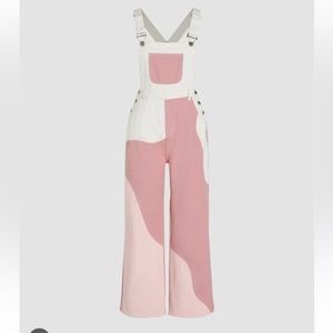 Cider pink and white denim color block overalls